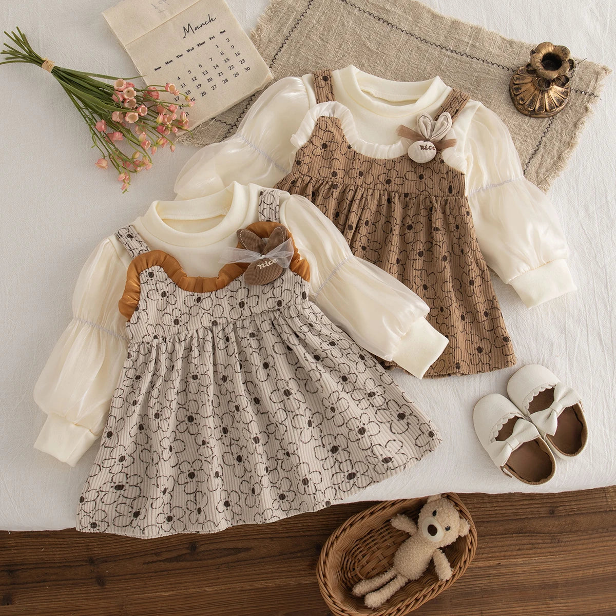 Baby Clothes Girl Spring And Autumn Cartoon Flower Pattern Long-Sleeved Fake Two-Piece Baby Dresses Cute Casual Girls Dress