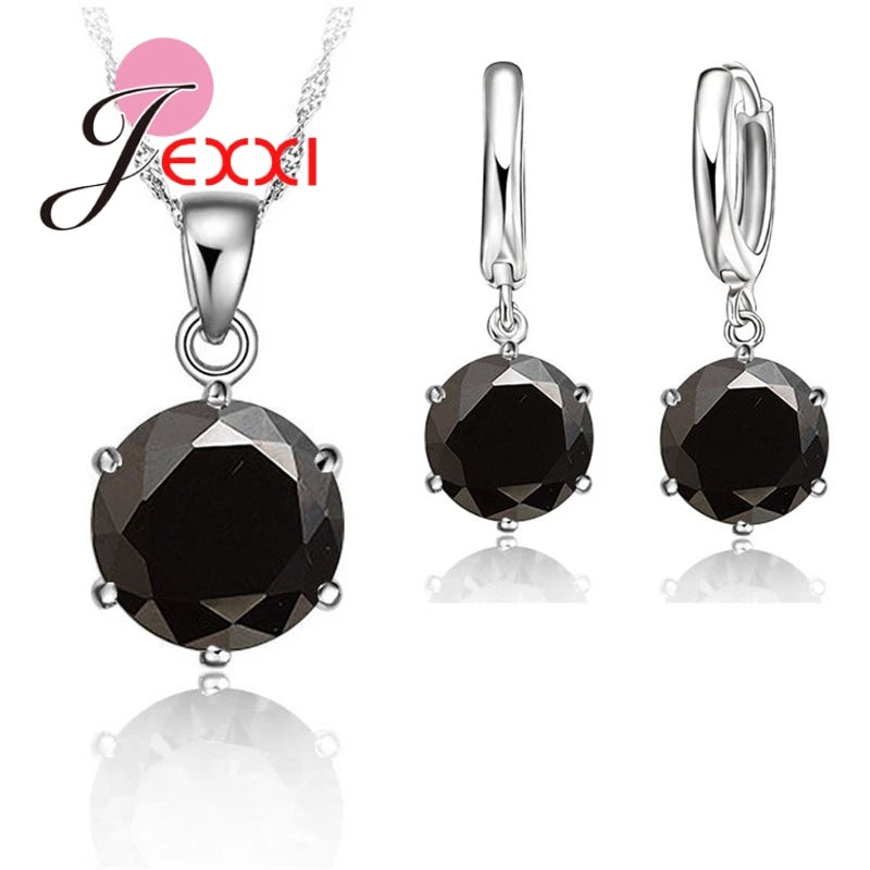 Woman Genuine 925 Sterling Silver Jewelry Sets Cubic Zircon Crystal Lever Back Earrings Pendant Necklace Nice Gifts 8MM Stone