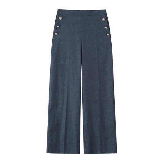 Women's clothing 2025 summer new product fashionable and versatile linen buttons high waist wide-leg casual trousers