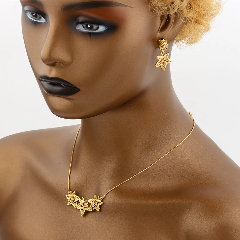 Woman Jewelry Sets Gold Color Retro Round Pendant Necklace Star Earrings Fashion Party Wedding Jewelry Accessory Holiday Gifts