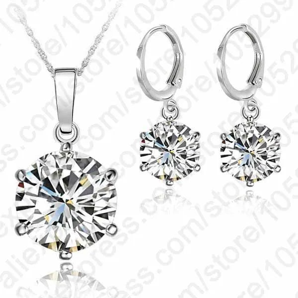 Woman Genuine 925 Sterling Silver Jewelry Sets Cubic Zircon Crystal Lever Back Earrings Pendant Necklace Nice Gifts 8MM Stone