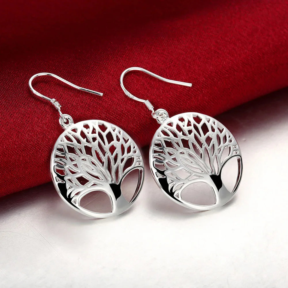 Hot Woman Jewelry Sets Silver Color Fine Retro Round Tree Pendant Necklace Earrings Fashion Party Wedding Holiday Gifts