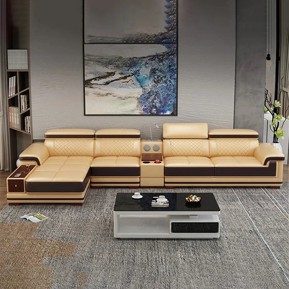 Modern Luxury Genuine Leather Sectional Sofa with Chaise Lounge, Adjustable Headrest, Built-in Storage, USB Charging, Cup Holder