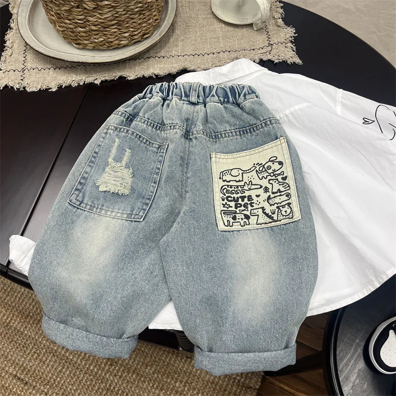 Boys Jean Pants Long Trousers Denim 2024 Blue Spring Autumn Baby's Kids Sport Teenagers Birthday Christmas Gift Children's Cloth