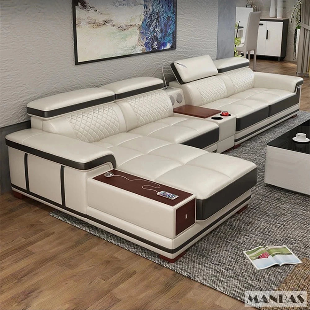 Modern Luxury Genuine Leather Sectional Sofa with Chaise Lounge, Adjustable Headrest, Built-in Storage, USB Charging, Cup Holder