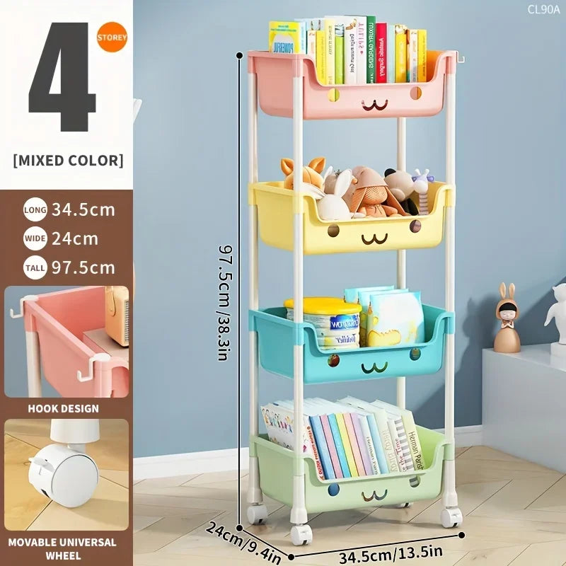 Household living room multi-layer cartoon smiley movable trolley floor shelves children's toys snacks book bags organizing rack