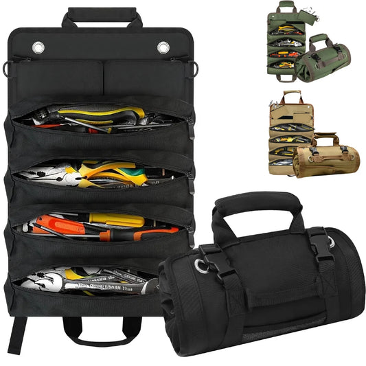 Rolling Tool Bag Storage Bag, Gift for Him, Heavy-Duty Motorcycle Tool Roll Bag Storage Bag, Portable Rolling Tool Bag with Removable Pouch - Suitable for Dad, Machinery and Electricians for Men