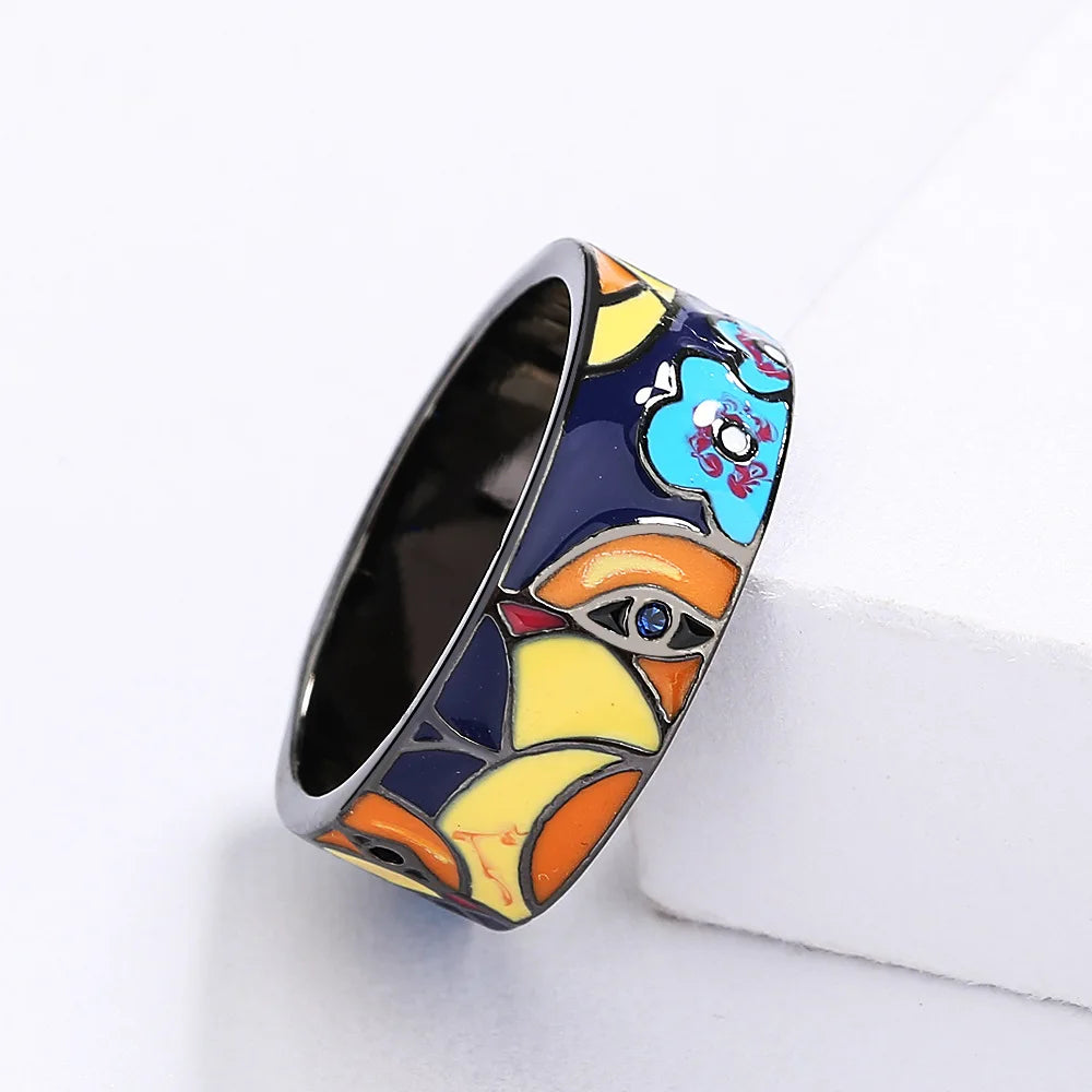 Exquisite Jewelry Rings for Women Blue Bird Flower Enamel Fine Jewelry Black Handmade Gifts
