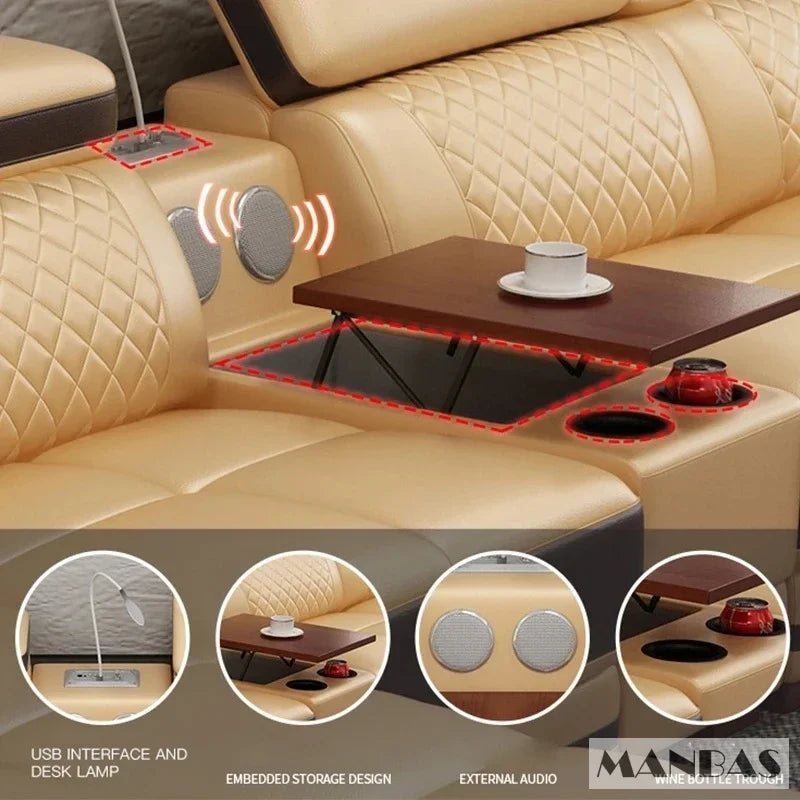 Modern Luxury Genuine Leather Sectional Sofa with Chaise Lounge, Adjustable Headrest, Built-in Storage, USB Charging, Cup Holder