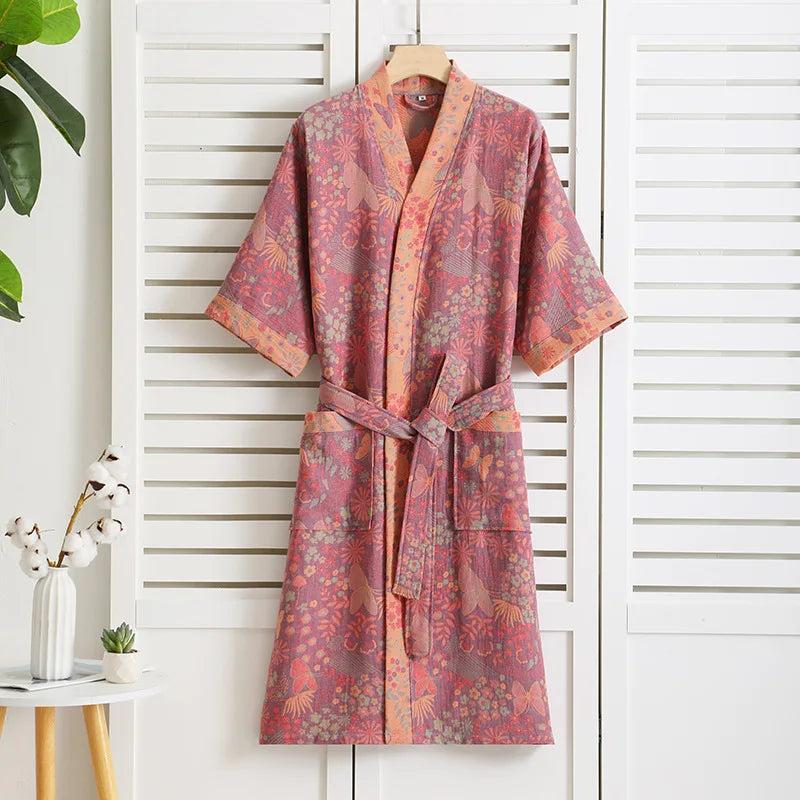 New 100% Cotton Lady's Bathroom Robe Printed Nightgown Style Pure Cotton Double-Layer Gauze Comfortable Dressing Gown for Women