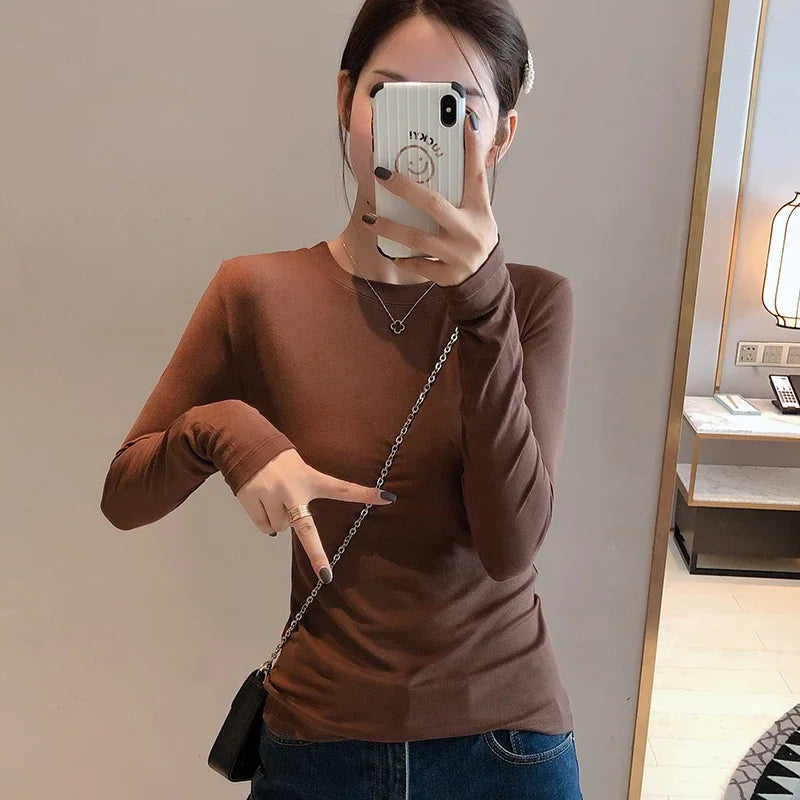Women 2025 High Quality Plain T Shirt  Cotton Elastic Basic T-shirts Female Casual Tops Long Sleeve Sexy Thin T-shirt