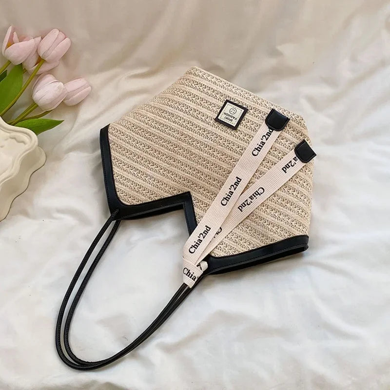 Women's shoulder bag large capacity tote bag women's retro hand straw woven bag everything shoulder woven bag commuting bag