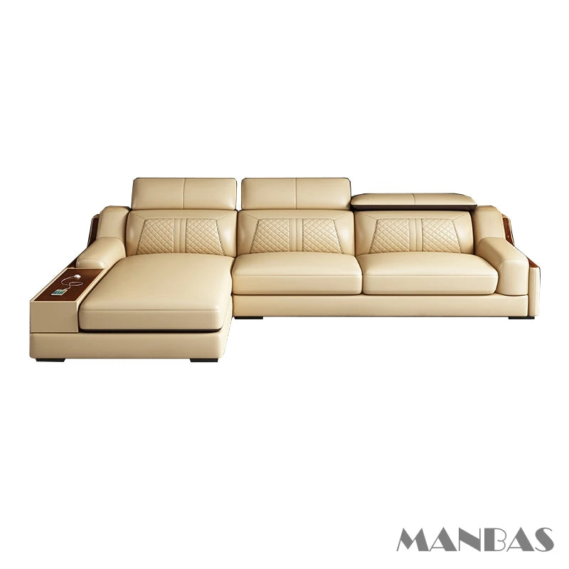 Stylish Italian Genuine Leather Sofa for Living Room with Cup Holder, USB, Adjustable Headrests & Bluetooth Speaker - Linlamlim