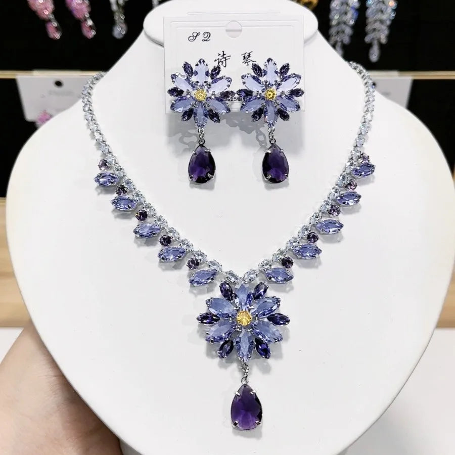 Women Rainbow Gemstone Necklace 18K Gold Plated Waterdrop Zirconia Earrings 2024