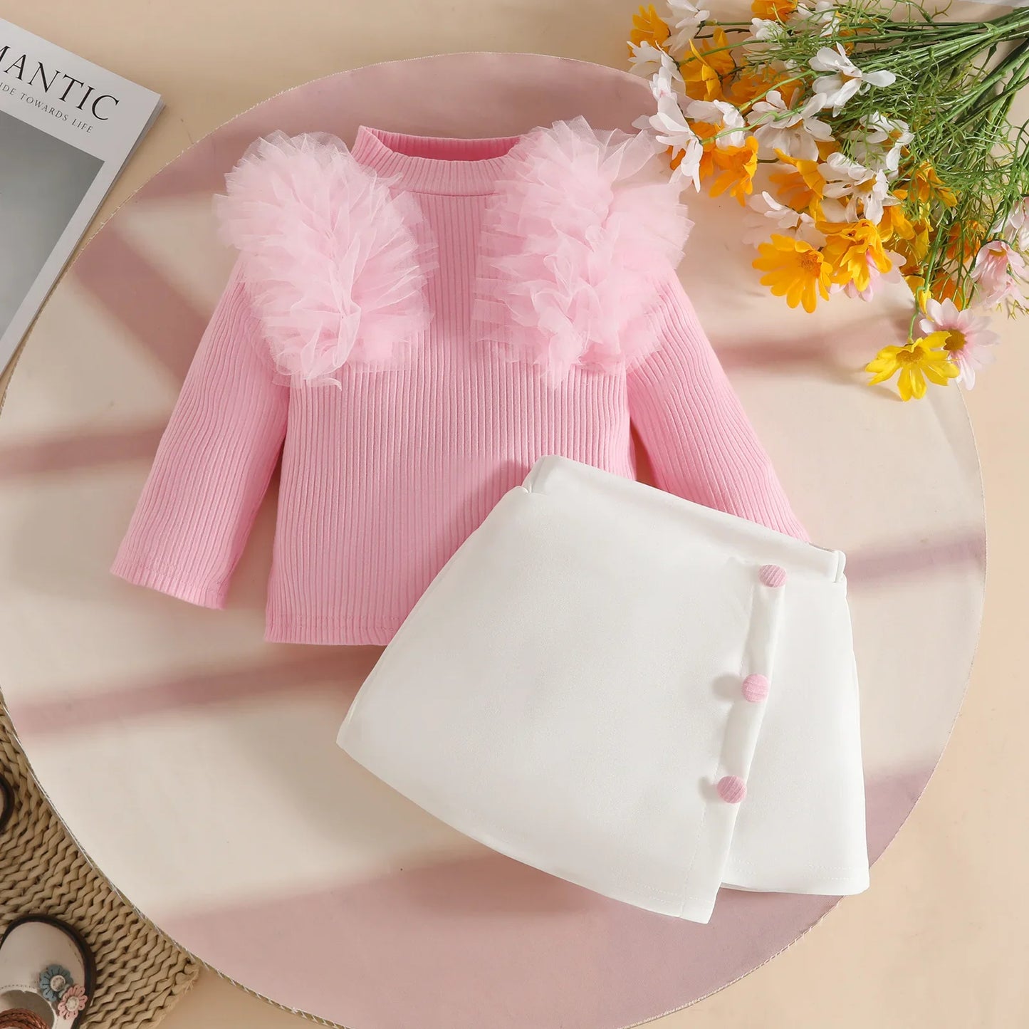 Baby Girl ClothesTulle Trim 2Pcs Sets 0-3Y Baby Dresses Long Sleeve Top and Button Accent Skirt for Newborn Girls Party Outfit