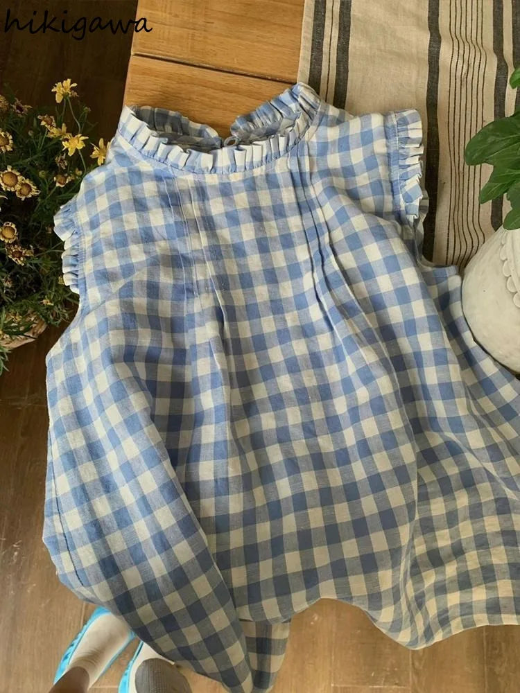 Fashion Shirt for Women 2025 Blusas Mujer De Moda Sweet Ruffles Loose Blouses Sleeveless O-neck Casual Plaid Summer Blouse Tops