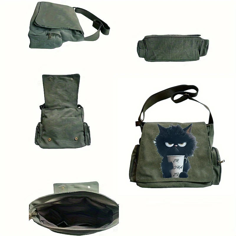 Women's Bag Large Capacity Shoudler Bag Canvas Message Bag Cartoon Cat Print Crossbody Bag For Women