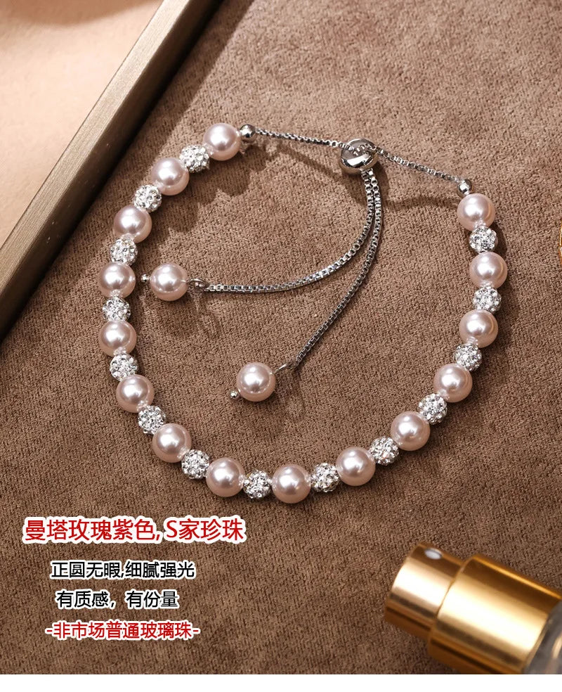 Natural Pearl Diamond Crystal Bead Bracelet Women Silver Elegant Bangle Chain