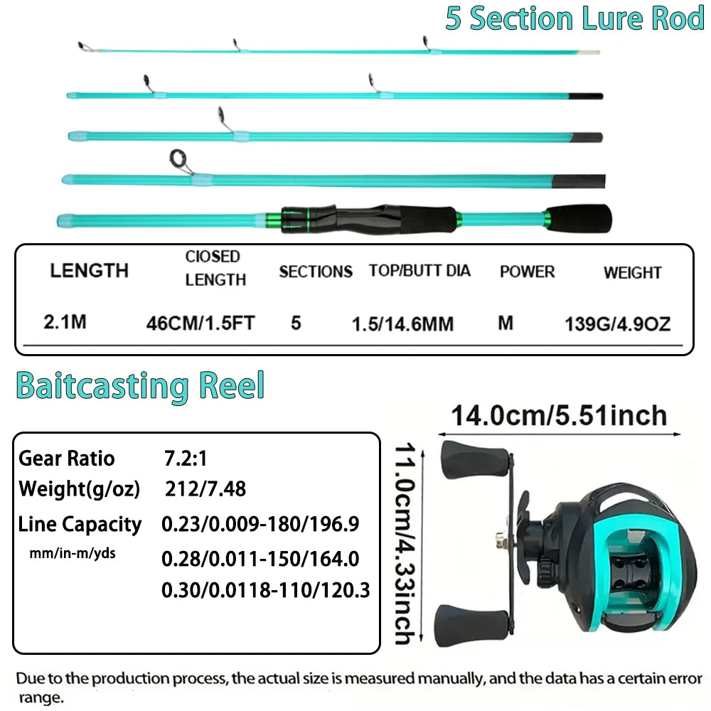 1.8 2.1m Lure Fishing Rod Baitcasting Reel Combo4/5 Sections Carbon Spining Casting Rod High Speed 7.2:1 Fishing Reel Sets Pesca