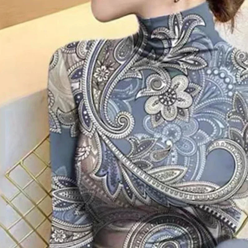 Women's Clothes High Neck T-Shirts New Flower Printed Skinny Long Sleeves Base Layer Tops for Female Autumn Winter Tops