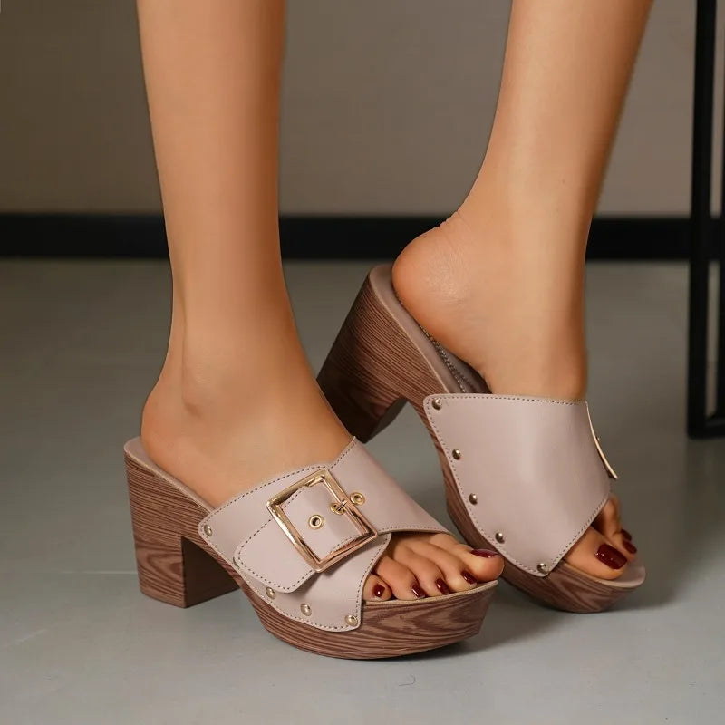 Women Slippers 2025 Summer New Fashion Elegant Soft Platform Shoes Ladies Chunky Heels Buckle Designer Slippers
