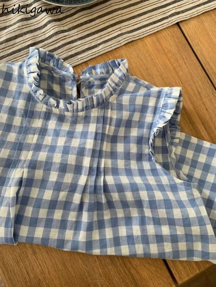Fashion Shirt for Women 2025 Blusas Mujer De Moda Sweet Ruffles Loose Blouses Sleeveless O-neck Casual Plaid Summer Blouse Tops