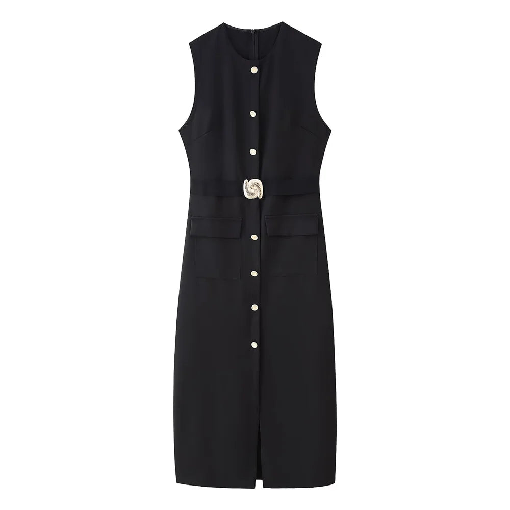 2025 new women's clothing European and American style casual elegant design with belt crepe fabric MIDI dress