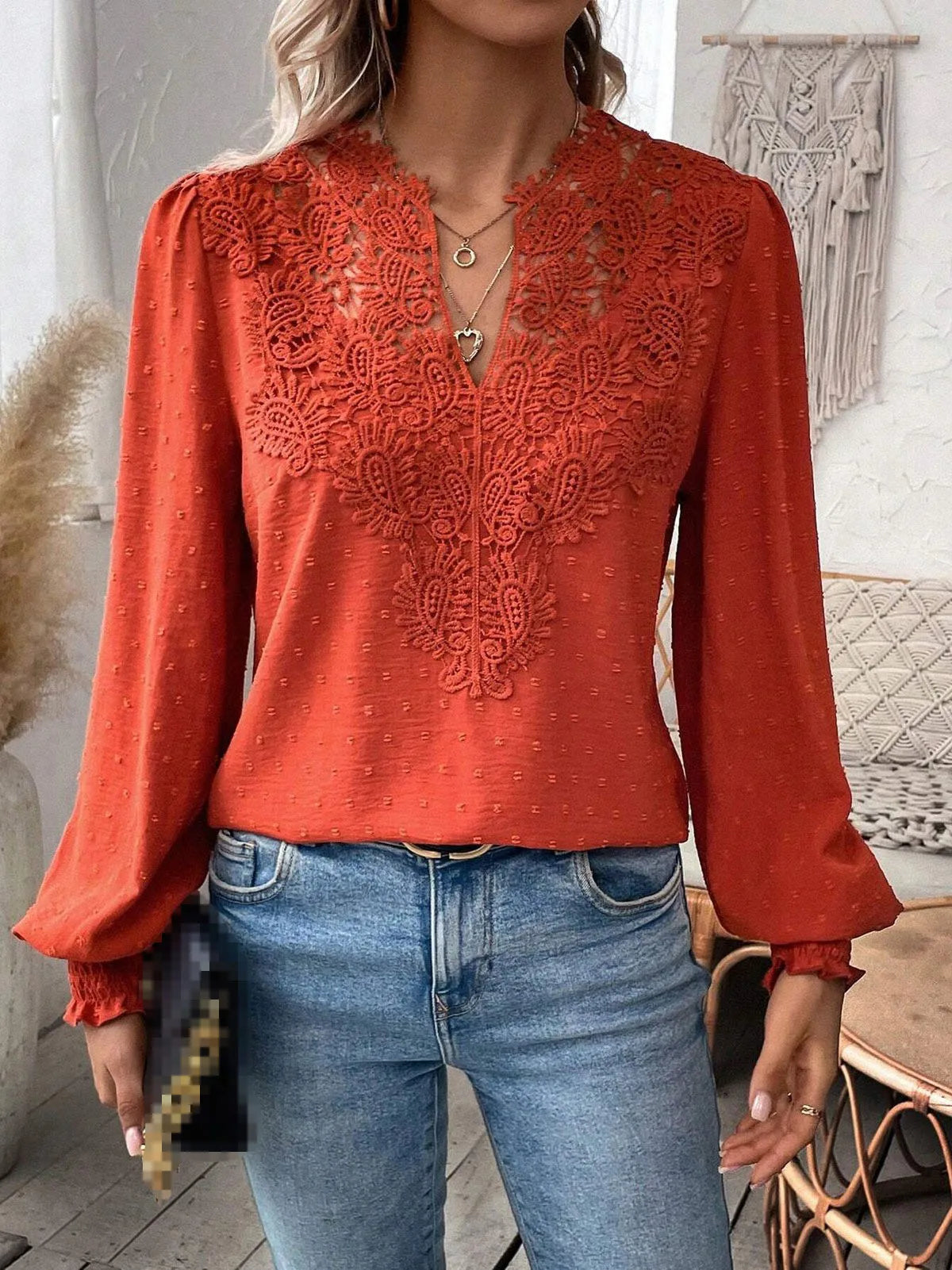 2024 Autumn Women's Clothing New Sexy V-neck Fashionable Lace Patchwork Solid Color Shirt Long Sleeved Shirt Women's Clothing