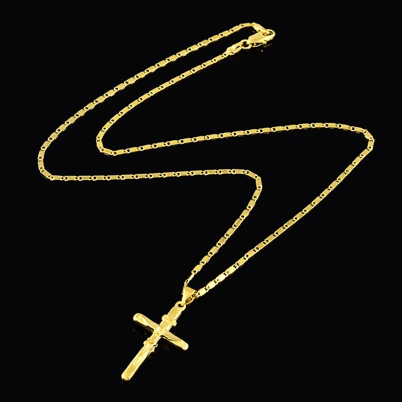 Women's 24K Gold (AU999) Stylish Cross Necklace | Gold-Inlaid Bead Cross, Hammered Space Texture with Rotatable Meteorite Charm