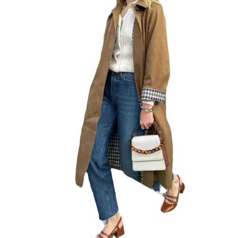 Women's clothing Long style Buttons Coat Outerwear New style Turn-down collar Loose fit Chic Commuter Trench coat Fashionable