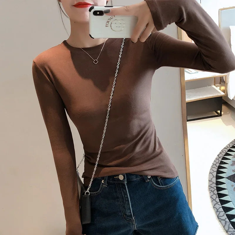 Women 2025 High Quality Plain T Shirt  Cotton Elastic Basic T-shirts Female Casual Tops Long Sleeve Sexy Thin T-shirt