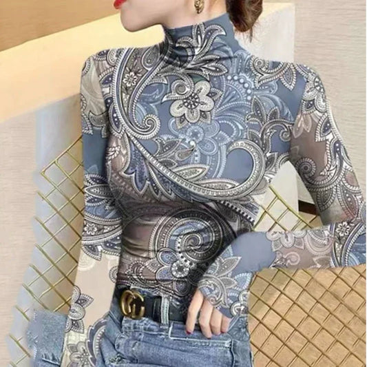 Women's Clothes High Neck T-Shirts New Flower Printed Skinny Long Sleeves Base Layer Tops for Female Autumn Winter Tops