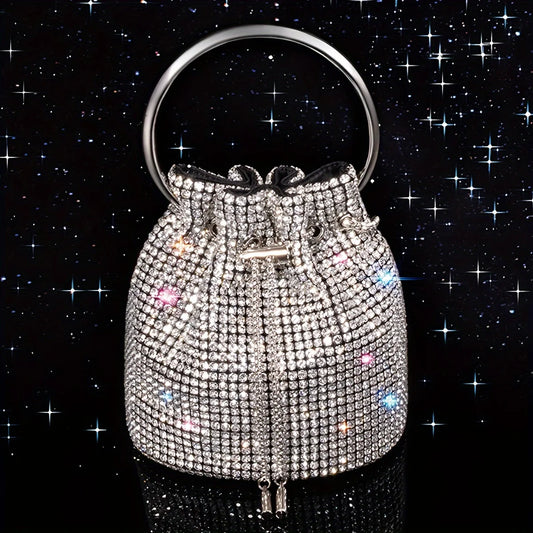 Women's Evening Bag, Luxury Handbag, Can Be Worn on One Shoulder Crossbody, Copper Claw Inlaid with Diamonds, High Quality A-Grade Diamond, Metal Chain, Metal Handbag, Blingbling, Shaped Bucket Bag