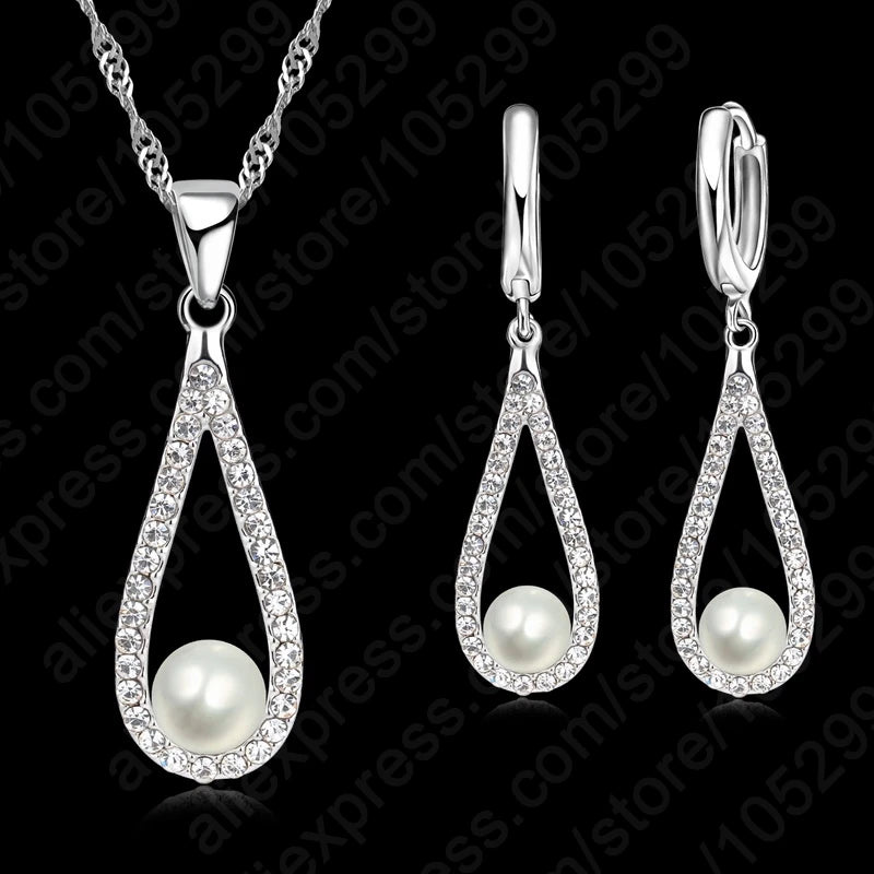 Fine 925 Sterling Silver Jewelry Sets Shiny Zircon Water Drop Pearl Pendant Necklaces Earring Set for Woman Wedding Gift