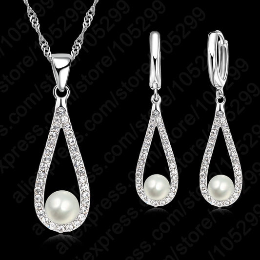 Fine 925 Sterling Silver Jewelry Sets Shiny Zircon Water Drop Pearl Pendant Necklaces Earring Set for Woman Wedding Gift