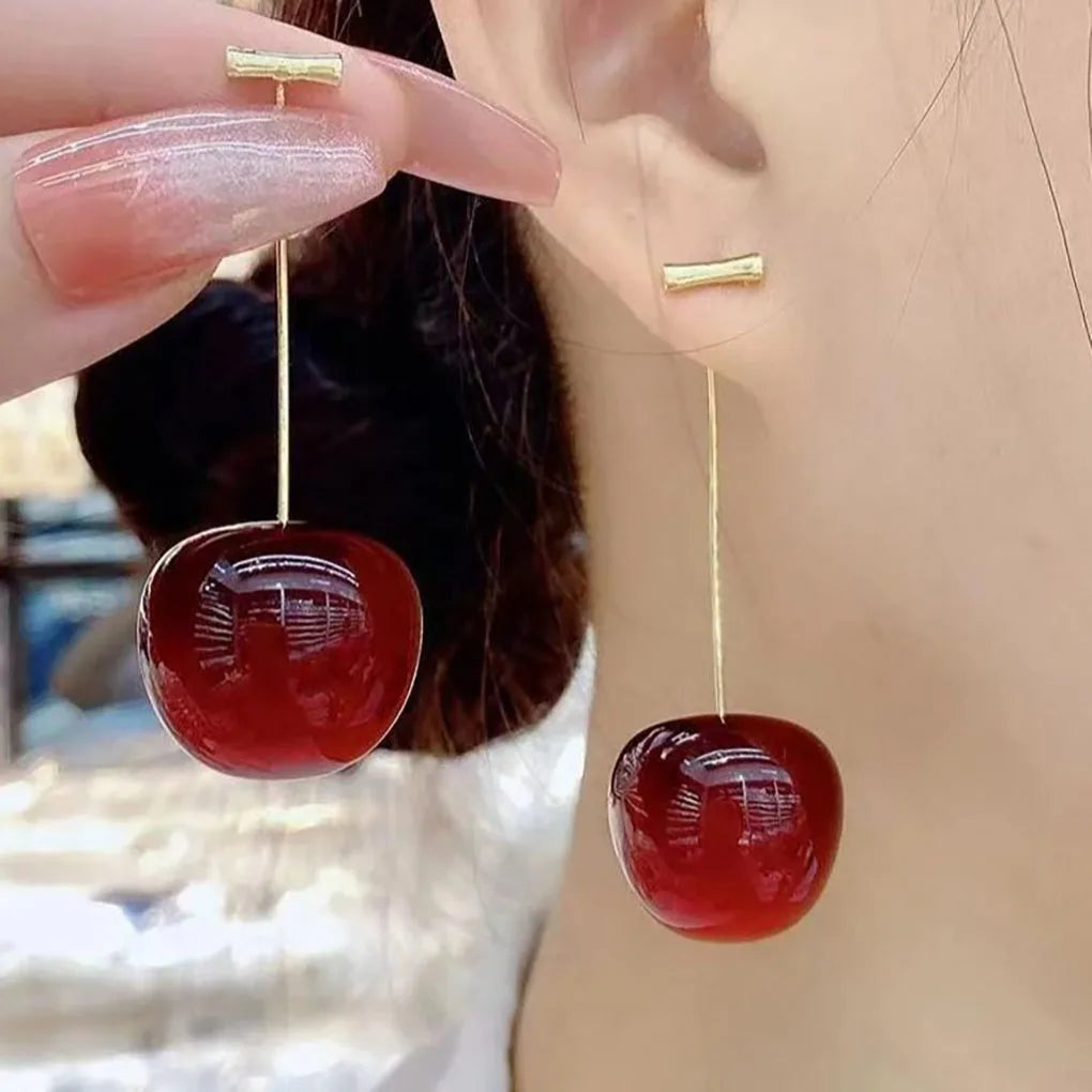 Woman's Exquisite Cherry Pendant Earrings Sweet Red Shiny Gold Color Ins Dangle Stud Earring Daily Jewelry Birthday Gift