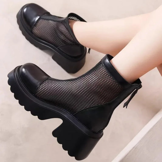 2025 New Women's Shoes Solid Color Round Toe Thick Heel Women's Boots Fashion Mesh Breathable and Comfortable Women's Sandals
