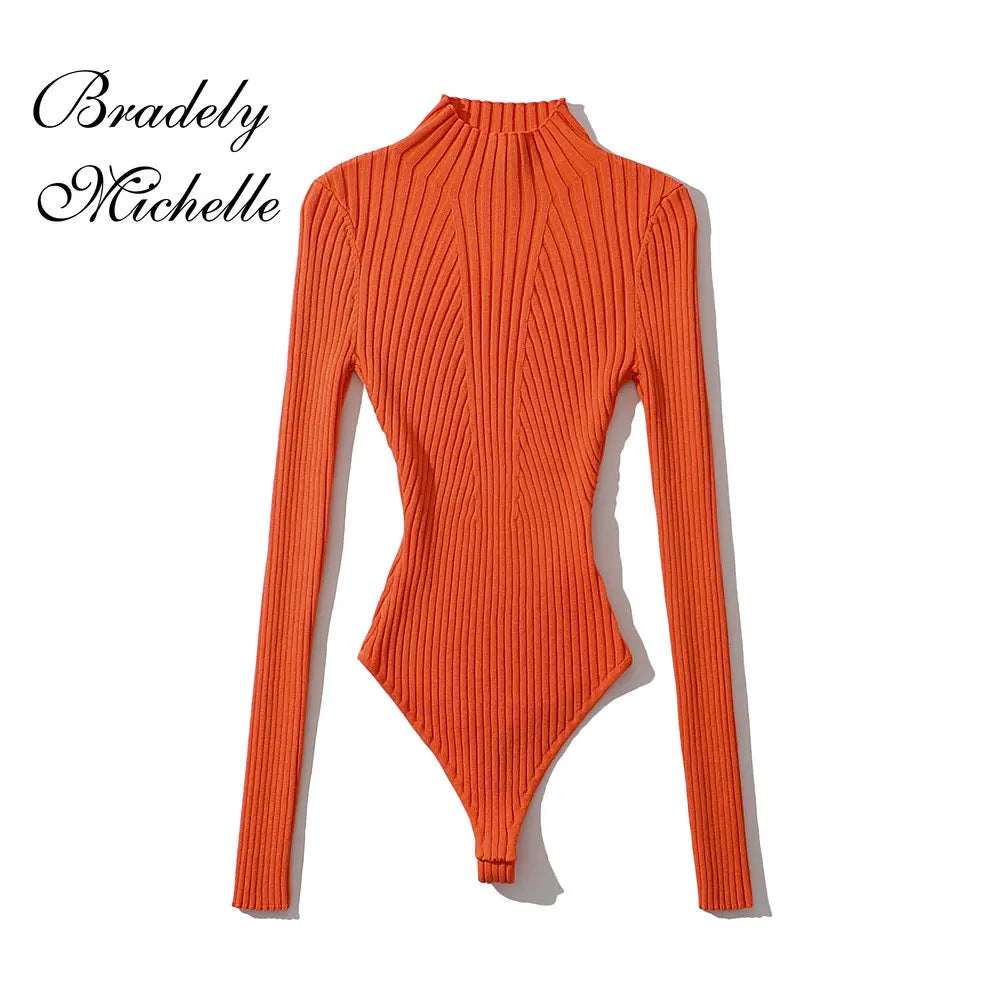 Women's Sexy Clothing Tops Stereo Texture Knit Solid Pullover High Collar Bodysuit Knitted High Strecth Jumpsuit Top