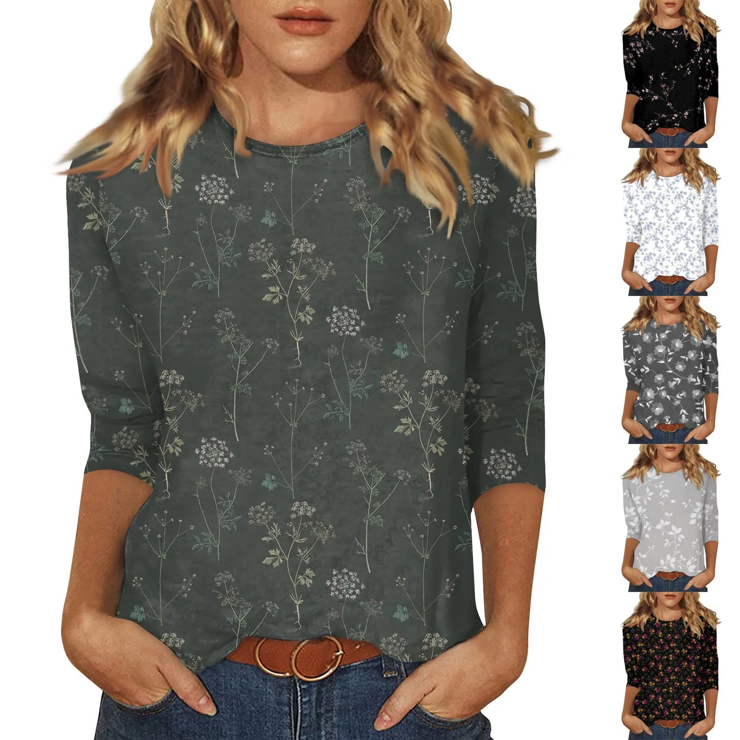 Female Clothing Delicate Fashion Shirts Floral Round Neck 3/4 Sleeves Printed Summer Women Pullover Daily Wear Vetement Femme