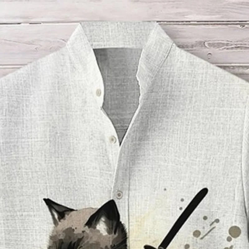 Men's Clothings Blouse Japanese Samurai Cat Meditating Art Linen Blend Cozy Shirt Short Sleeve Retro American Style Harajuku Top