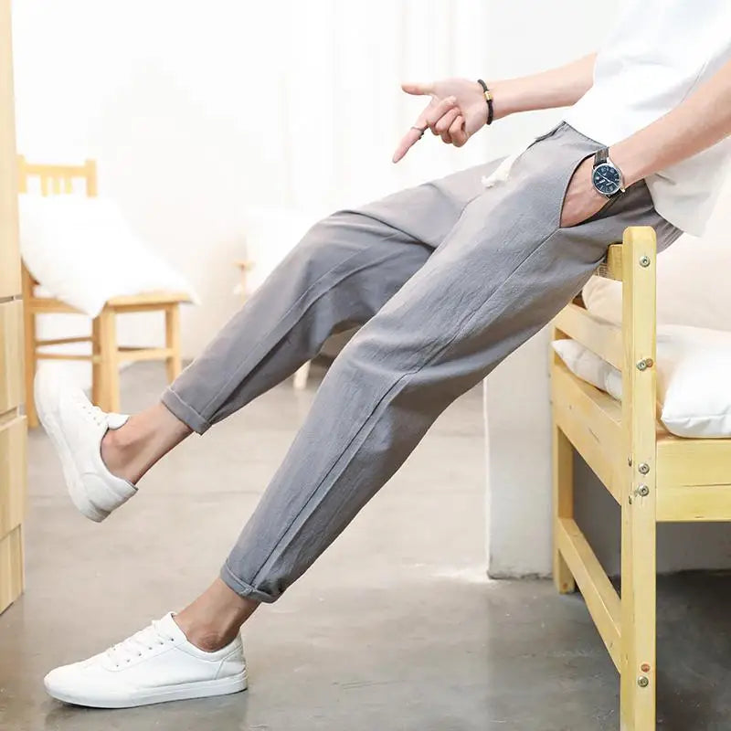 2025 Men's Cotton Linen Pants Male Summer New Breathable Solid Color Linen Trousers Fitness Streetwear Ankle Length Trousers 5XL
