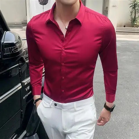 Man Tops Business Red Formal Plain Shirts and Blouses for Men Long Sleeve High Quality Luxury Designer Vintage Cotton Clothing S