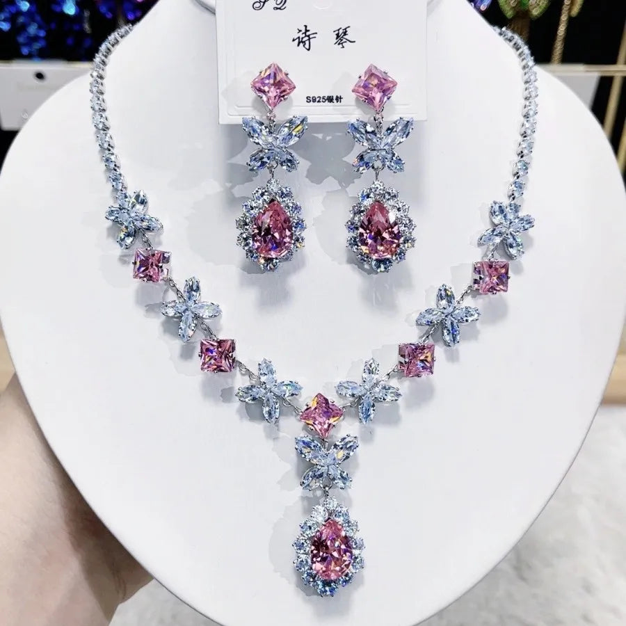 Women Rainbow Gemstone Necklace 18K Gold Plated Waterdrop Zirconia Earrings 2024