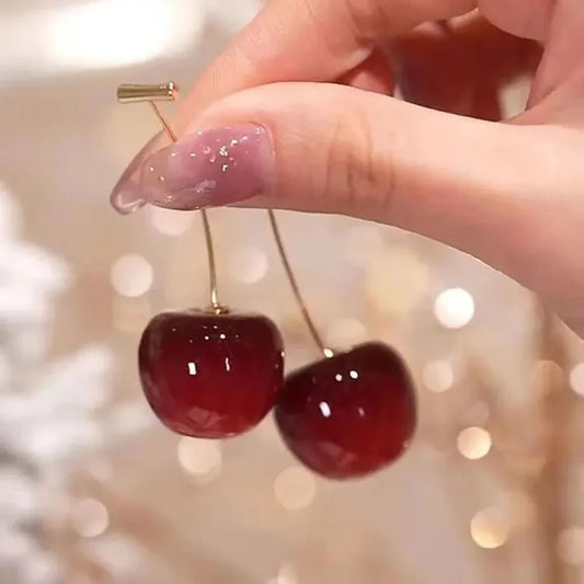 Woman's Exquisite Cherry Pendant Earrings Sweet Red Shiny Gold Color Ins Dangle Stud Earring Daily Jewelry Birthday Gift