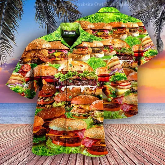 2023 Men's Clothing Men's Shirts Binge Hamburger Funny Hip Hop Beach Summer Hawaii Tops Cuban Style Oversize Fat Button Shirts