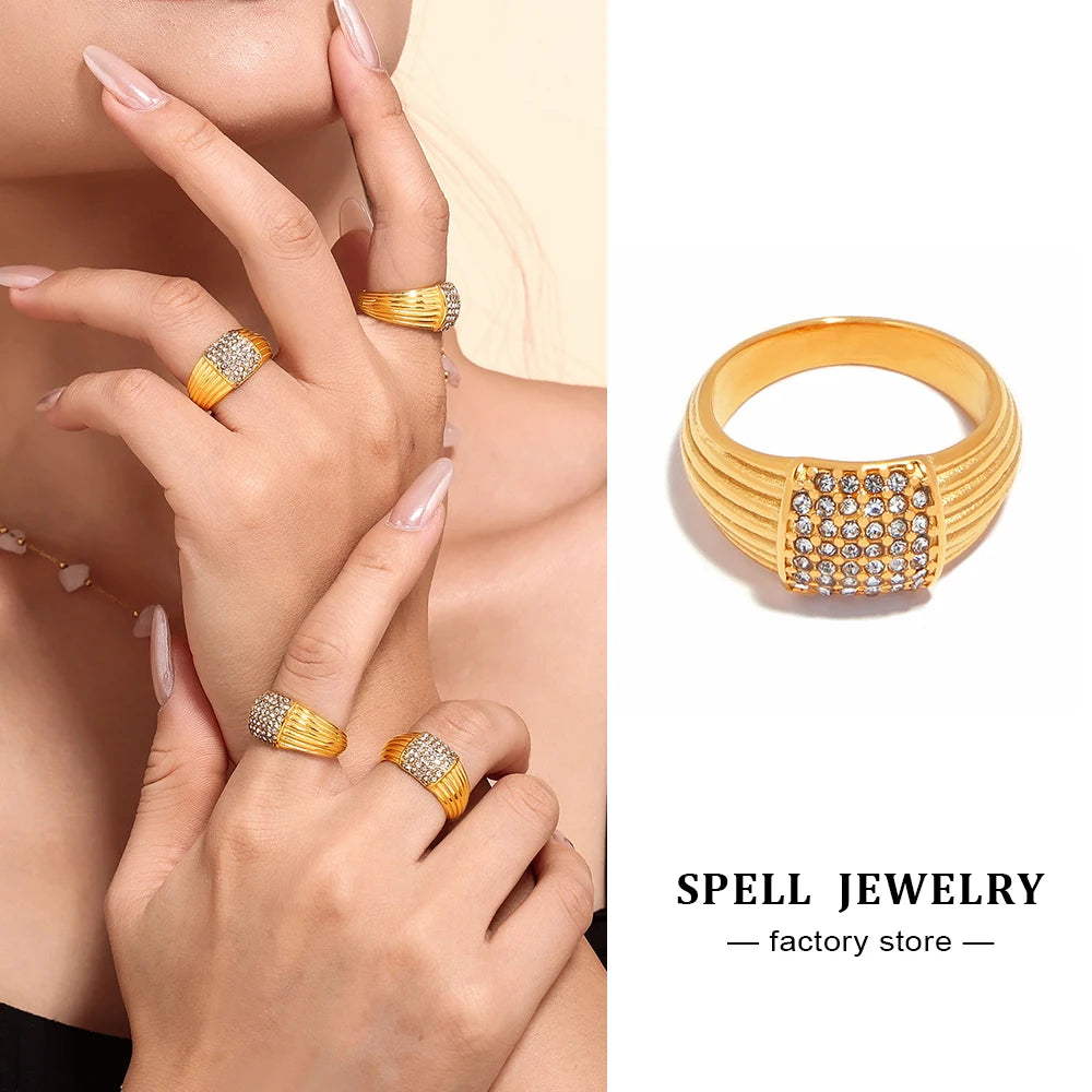 Women's Shiny Rhinestones Ring 18k Gold Plated Waterproof No Tarnish Cast Stainless Steel Rings For Women Luxury Woman Jewelry