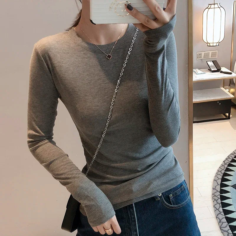 Women 2025 High Quality Plain T Shirt  Cotton Elastic Basic T-shirts Female Casual Tops Long Sleeve Sexy Thin T-shirt