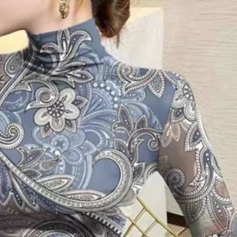 Women's Clothes High Neck T-Shirts New Flower Printed Skinny Long Sleeves Base Layer Tops for Female Autumn Winter Tops