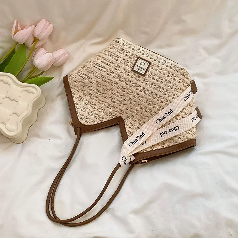 Women's shoulder bag large capacity tote bag women's retro hand straw woven bag everything shoulder woven bag commuting bag