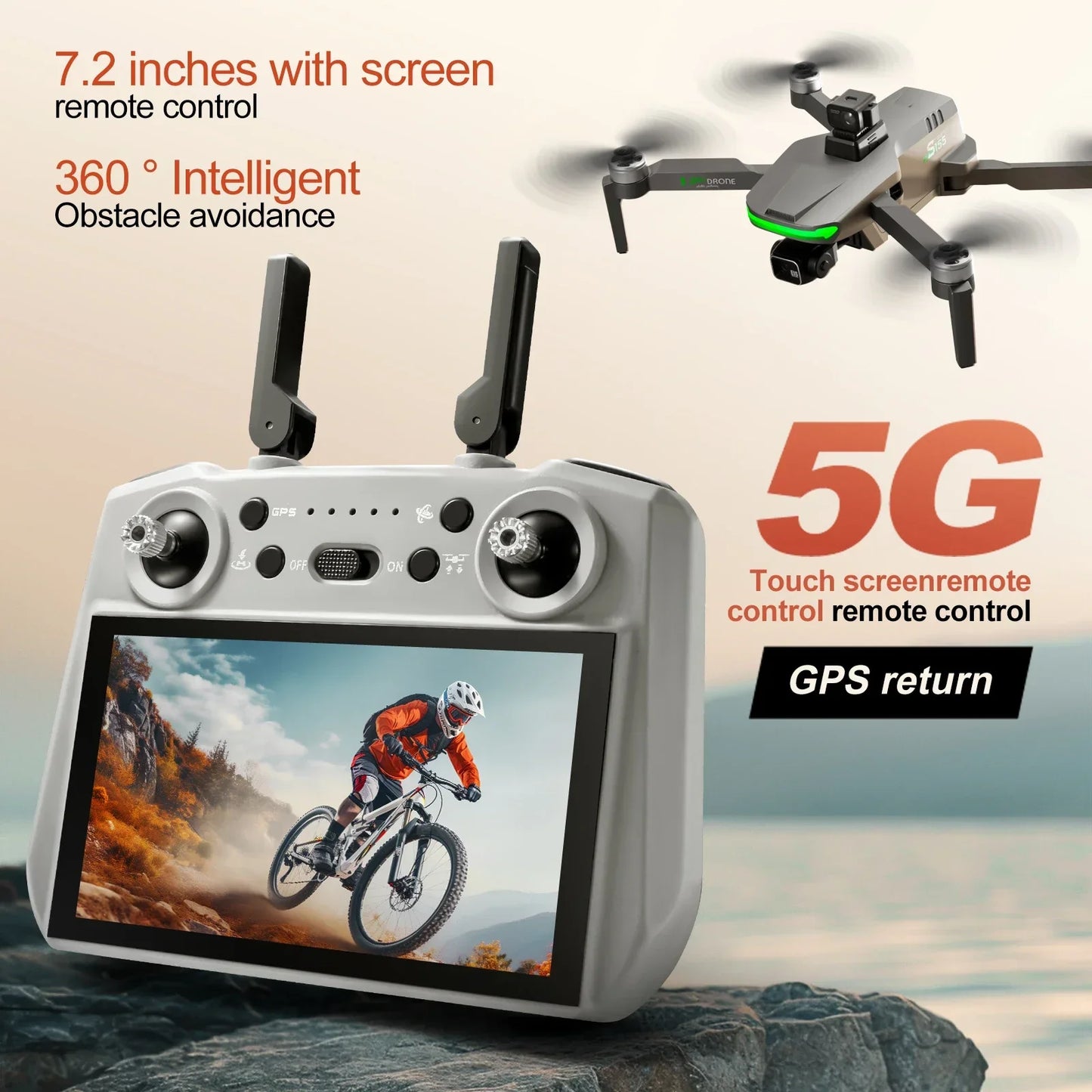 S155 GPS Drone Professional HD Camera 7.2-inch Touch Screen 3-Axis Gimbal EIS Relay Aircraft Laser Obstacle Avoidance Dron Toy